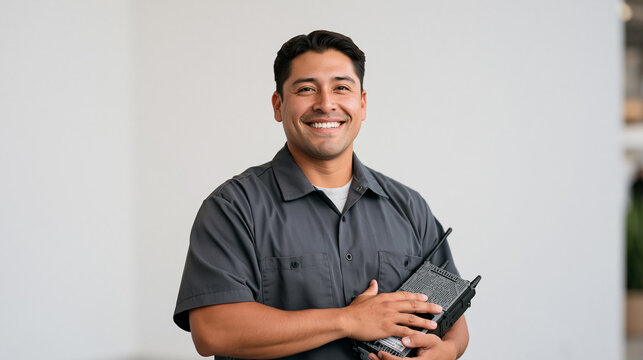 Telecommunications tower technician in a crisp collared shirt posed against a seamless white backdrop, holding a signal repeater unit used in remote hot spring access zones,
