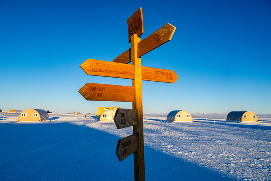 Signpost at a camp, Wolf's Fang Runway, Queen Maud Land, Antarctica