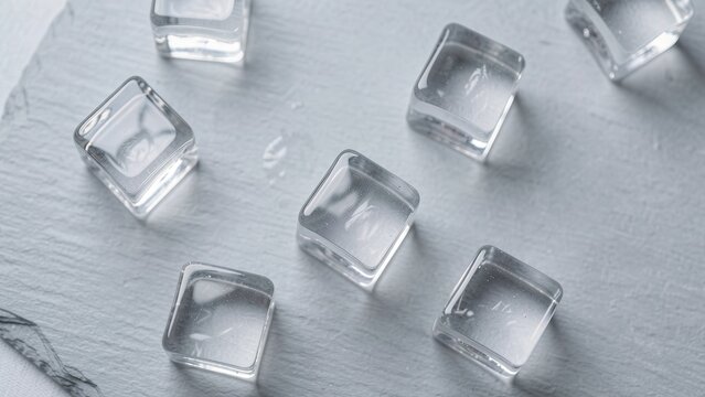overhead view of crystal clear ice cubes on light grey slate surface minimalist airy commercial background for drink advertising