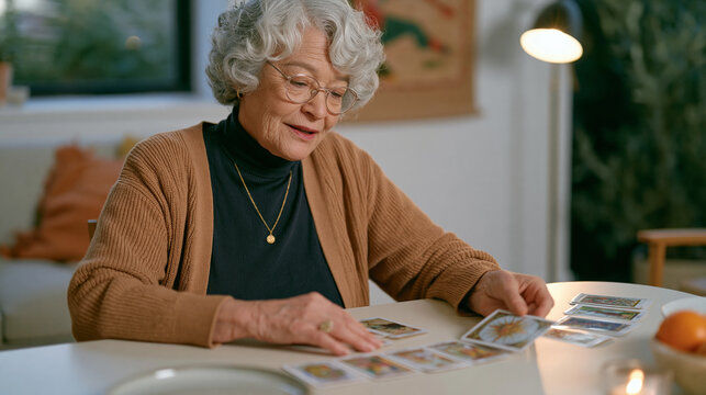 Tarot reader seated alone at a minimalist studio table under a single spotlight, aged hands spreading ornate cards deliberately, an elderly woman's steady gaze fixed on a compass