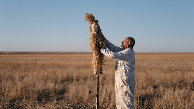 Scarecrow maker standing alone in a barren frost-hardened field arranging straw-stuffed limbs on a post, elderly craftsman in worn overalls, desolate farmland horizon, rural