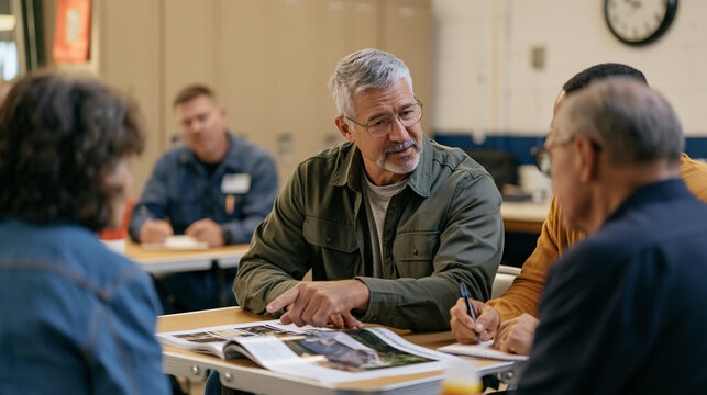 Toll booth operator's modest break room crowded with coworkers examining an adaptive senior camping gear catalog spread across a folding table, a senior colleague pointing to a