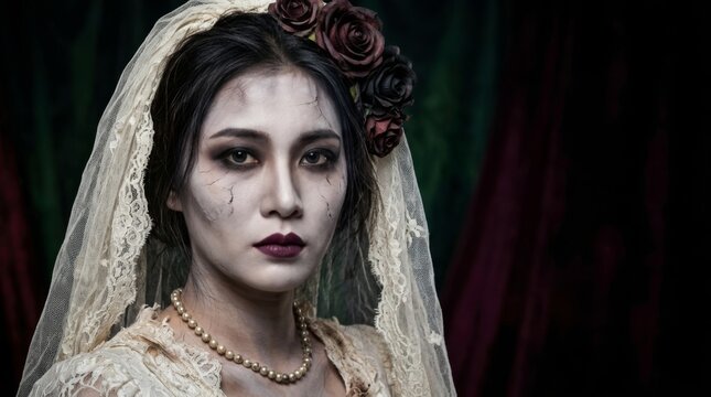 Asian woman in a spooky ghost bride costume, wearing a gothic veil and terrifying makeup. A Halloween portrait of a zombie bride. A sinister dead bride look for a festive party.