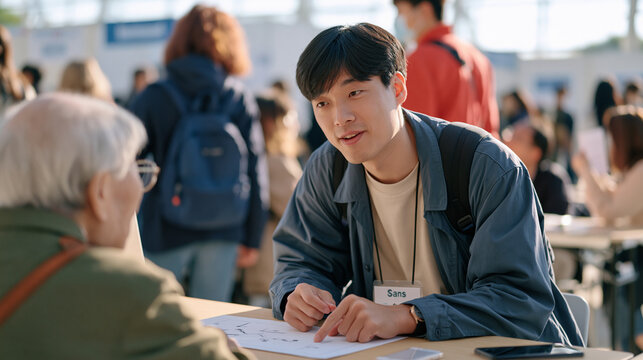 Nanotechnology researcher explaining a molecular diagram to an elderly passerby at a crowded science festival booth, intergenerational curiosity across the table, habit of