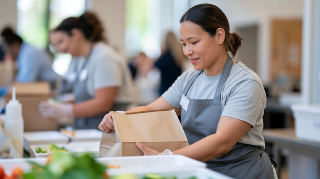 Grocery bagger in a hospital canteen alongside diverse staff team, efficiently packing meal trays and produce, food service cross-training program, healthcare facility kitchen