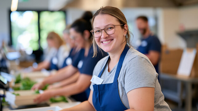 Grocery bagger in a hospital canteen alongside diverse staff team, efficiently packing meal trays and produce, food service cross-training program, healthcare facility kitchen