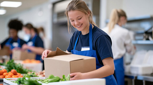 Grocery bagger in a hospital canteen alongside diverse staff team, efficiently packing meal trays and produce, food service cross-training program, healthcare facility kitchen