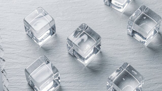 overhead view of crystal clear ice cubes on light grey slate surface minimalist airy commercial background for drink advertising