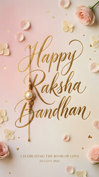 Raksha Bandhan pastel floral greeting card with pearl Rakhi, gold script and soft festive accents design