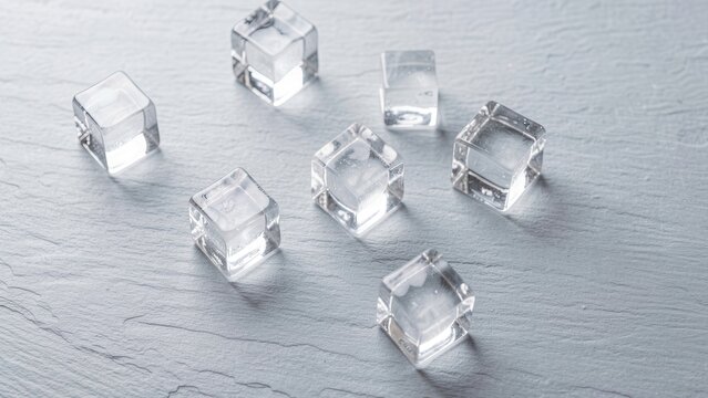 overhead view of crystal clear ice cubes on light grey slate surface minimalist airy commercial background for drink advertising
