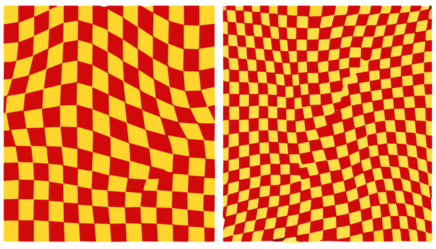 Abstract wavy checkered pattern background with distorted red and yellow squares