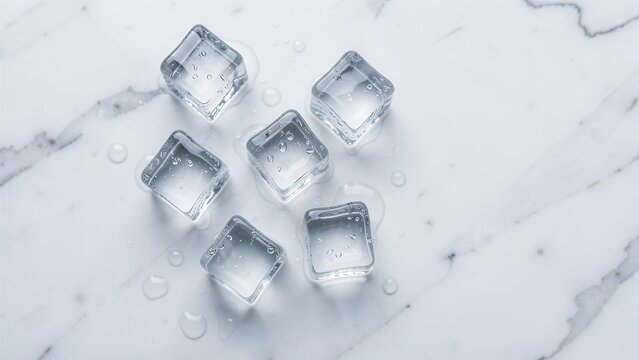 top view flat lay of crystal clear melting ice cubes on white marble surface bright natural daylight for beverage advertising and refreshment concept