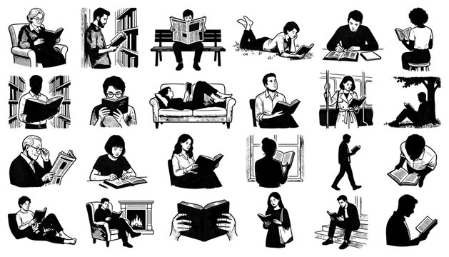 Collection of people reading books in various poses and environments