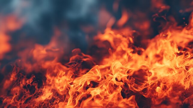 Intense orange and red flames with swirling smoke rising, depicting a roaring fire in close-up detail.