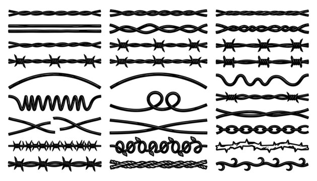Set of various barbed wire and metal fence styles