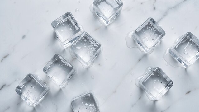 top view flat lay of crystal clear melting ice cubes on white marble surface bright natural daylight for beverage advertising and refreshment concept