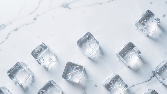 overhead flat lay of clear ice cubes on white marble with rainbow refraction perfect for beverage advertising mockup