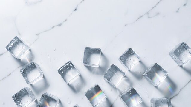 overhead flat lay of clear ice cubes on white marble with rainbow refraction perfect for beverage advertising mockup