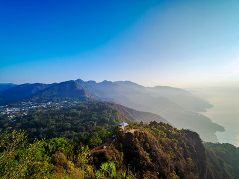 View from Rostro Maya or Indian Nose towards Mirador La Mano at sunrise, San Juan La Laguna, Solola Department, Guatemala
