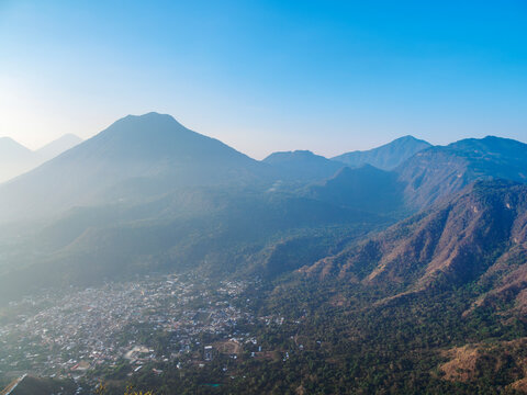 View from Rostro Maya or Indian Nose over San Juan La Laguna towards San Pedro Volcano, Solola Department, Guatemala