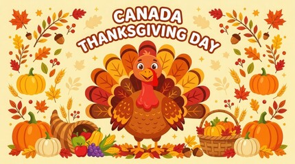 Naklejka premium A festive illustration celebrating thanksgiving day in canada featuring a cute turkey surrounded by autumn pumpkins corn and colorful fall leaves