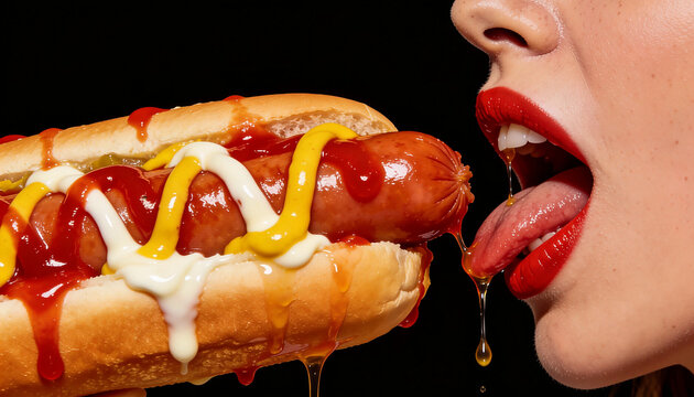Close‑up of a person about to taste a hot dog loaded with ketchup, mustard and mayonnaise, with vivid colors emphasizing the food&rsquo;s texture and the glossy red lips.