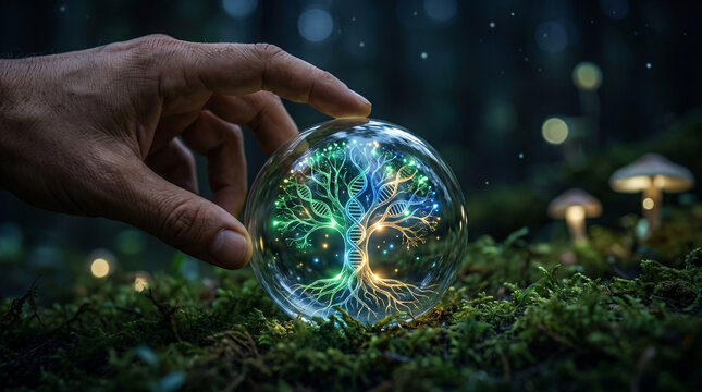 Sustainable biotechnology visualization with glowing DNA helix tree inside crystal sphere resting on dark forest moss