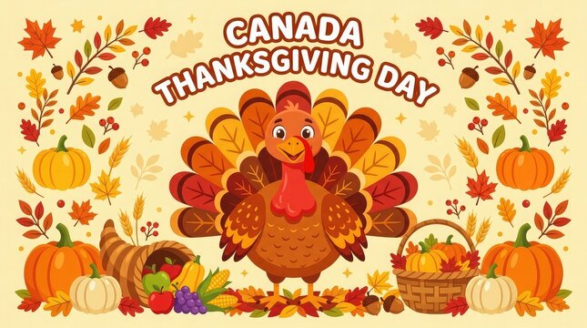 A festive illustration celebrating thanksgiving day in canada featuring a cute turkey surrounded by autumn pumpkins corn and colorful fall leaves