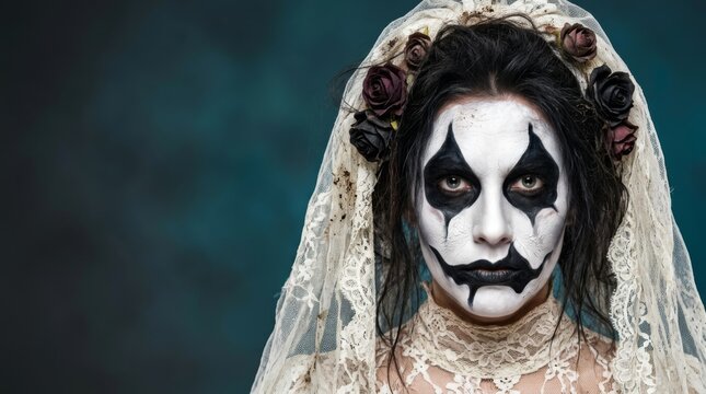 Woman in ghost bride costume with pale zombie makeup and torn veil in dark gothic castle. Halloween horror concept for spooky party and scary celebration