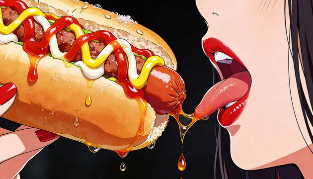 Close‑up of a person about to taste a hot dog loaded with ketchup, mustard and mayonnaise, with vivid colors emphasizing the food&rsquo;s texture and the glossy red lips.