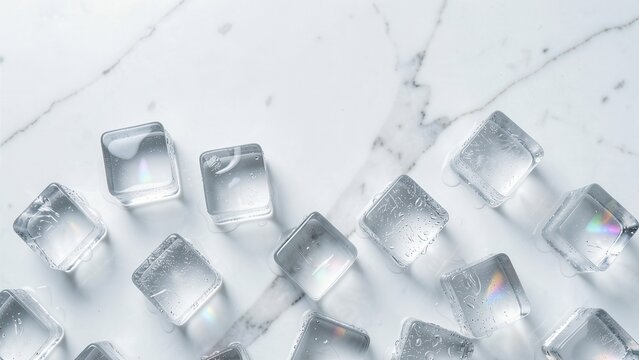 overhead flat lay of clear ice cubes on white marble with rainbow refraction perfect for beverage advertising mockup