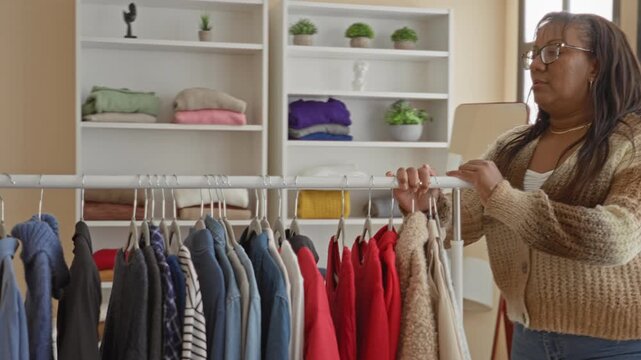 Woman holding a clothing rack with both hands and browsing hangers in a retail store inside a building; calm confidence.