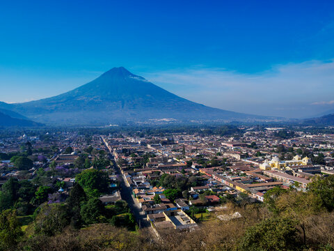 City and Agua Volcano seen from Cerro de La Cruz, Antigua Guatemala, Sacatepequez Department, Guatemala