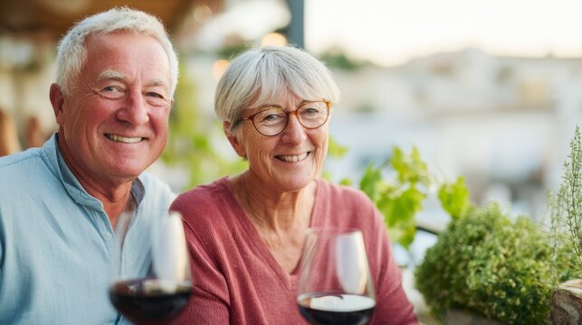Joyful Seniors Enjoying a Relaxing Moment Together with Glasses of Red Wine Amidst a Cozy Outdoor Setting