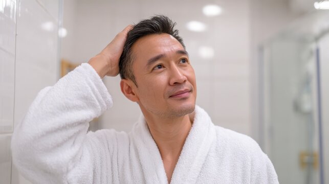 Man in a White Bathrobe Reflecting in a Modern Bathroom, Capturing a Moment of Contemplation and Self-Care Amidst a Soft, Relaxing Ambience