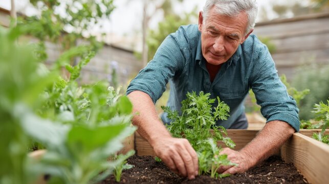 Elderly Man Cultivating Fresh Vegetables in a Home Garden, Nurturing Plants for a Sustainable and Healthy Lifestyle While Connecting with Nature