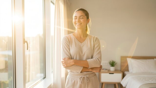 diverse woman stretching in sunlit modern bedroom evoking peaceful morning energy for lifestyle advertisement concept