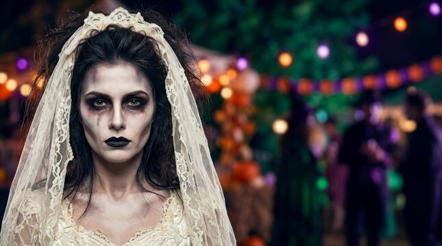 Woman in zombie bride costume with scary makeup and lace veil at Halloween party. Creepy ghost bride portrait. Horror and Halloween celebration concept