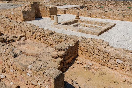 Ruins of House of Theseus display ancient architecture in Paphos Archaeological Park, Kato Paphos, Cyprus