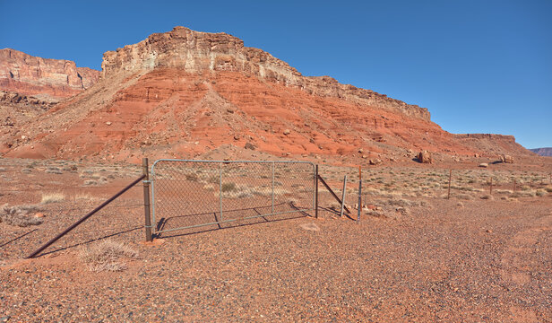 A gate to the Soap Creek Wilderness at Vermilion Cliffs National Monument Arizona. The gate is not locked. The area is closed to vehicles, but is open to hikers and horse riders.