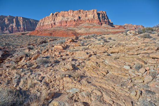 Cliffs rise above rocky terrain under clear sky at Soap Creek Mesa in Arizona region