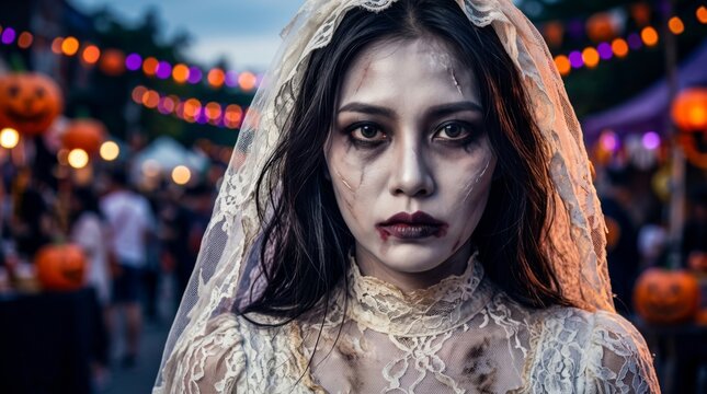 Asian woman in a zombie bride costume, wearing scary makeup and a veil, at a Halloween festival. A concept for celebrating the spooky holiday dressed as a ghostly bride.
