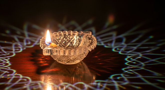Traditional Indian oil lamp diya with warm flame and decorative light patterns on a dark background for Diwali