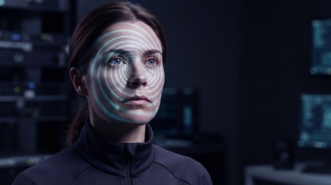 Woman with circular light projection on face in dark room. Futuristic biometric facial recognition and identity scan technology concept. Artificial intelligence security system