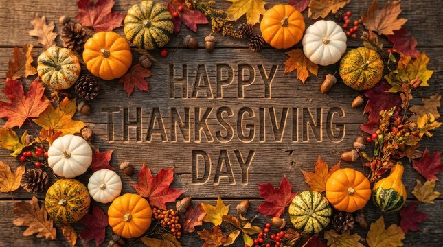 Celebrating canadian thanksgiving a warm and grateful autumn scene with pumpkins colorful leaves and a rustic wooden background embracing the season's bounty