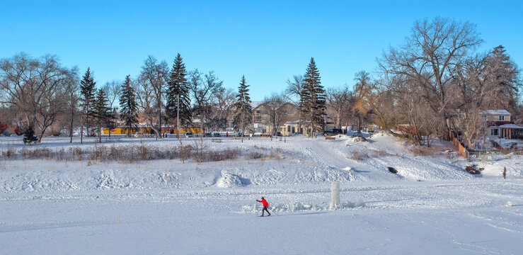 Cross country skier glides on frozen Assiniboine River near Assiniboine Park Zoo in winter landscape