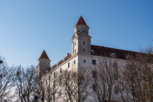 Close-up view of Bratislava Castle defensive walls and towers highlighting historical architecture and military significance in Slovakia