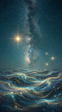 Teal Stardust Waves Under a Glowing Galaxy for Mobile Wallpaper