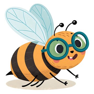 Cute cartoon bee with glasses flying happily