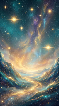 Golden Stardust Pathway Through Teal Cosmic Valley for Mobile Wallpaper